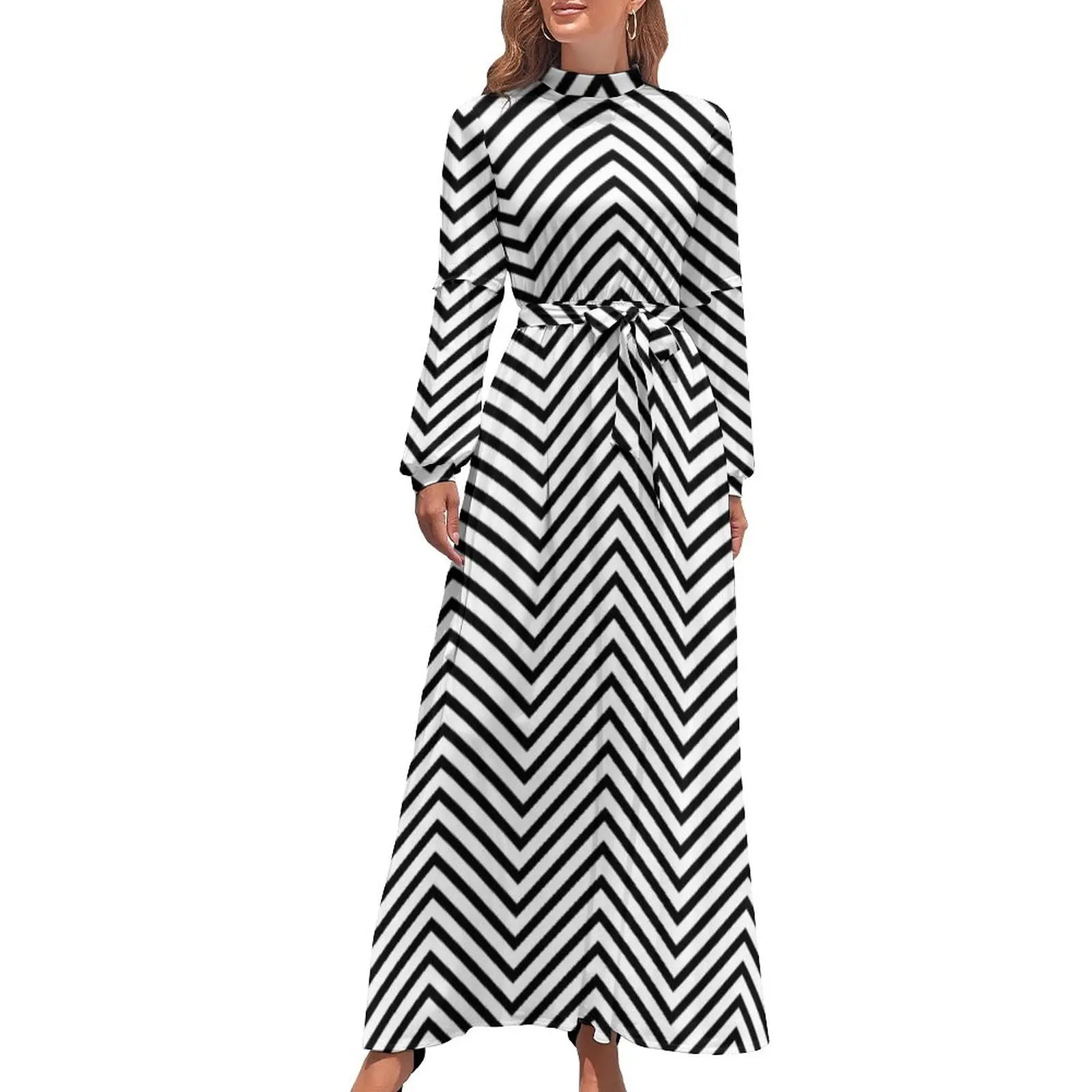 

Black Nordic Lines Dress Minimal Zig Zag Stylish Boho Beach Dresses Ladies Long Sleeve High Waist Elegant Long Maxi Dress
