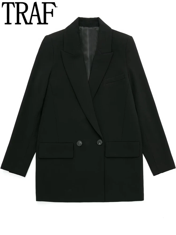 

TRAF 2022 Black Blazer Women Office Casual Blazer Woman Fashion Long Sleeve Double Breasted Blazer Women Autumn Female Jacket