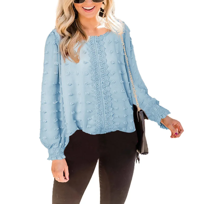 

Women's new chiffon jacquard lantern long-sleeved round neck blouse women female casual tops 2022 spring and summer fashion