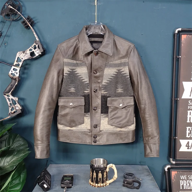 

Morandi темно-серый импортный батик верхний слой из воловьей кожи куртка Navajo Totem шерстяная ткань в американском ретро стиле