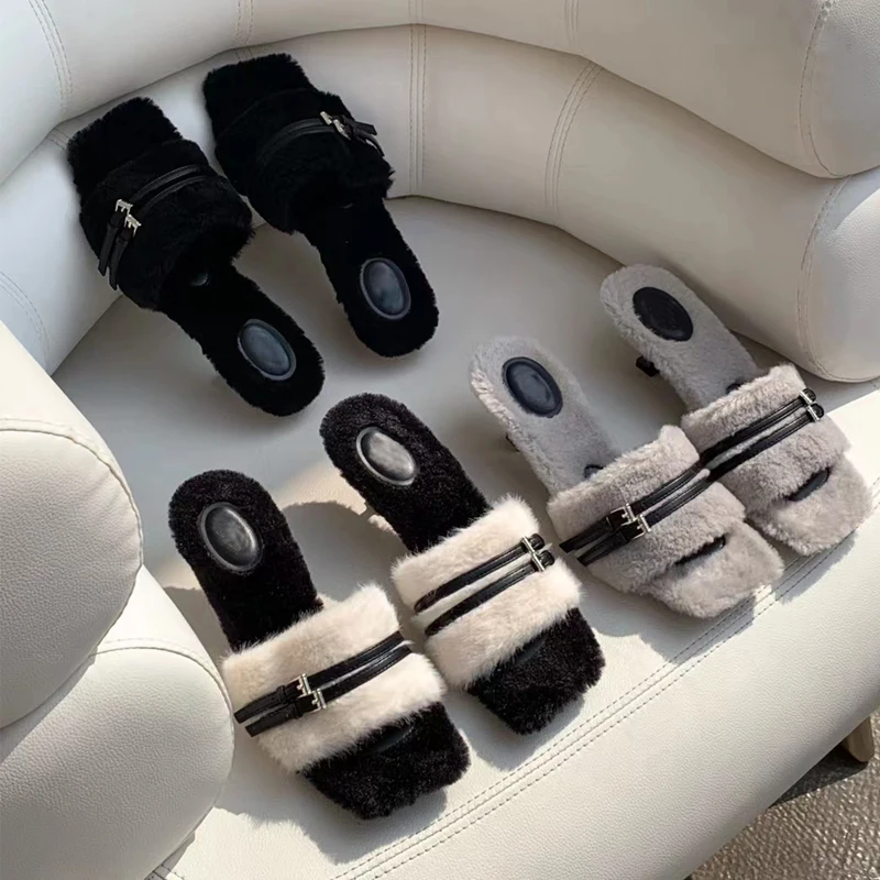 

Elegant Grey Fur Mule Slides Woman Brand Design Square Toe Belt Buckle Fluffy Slippers Ladies Evening Party Stiletto Furry Shoes