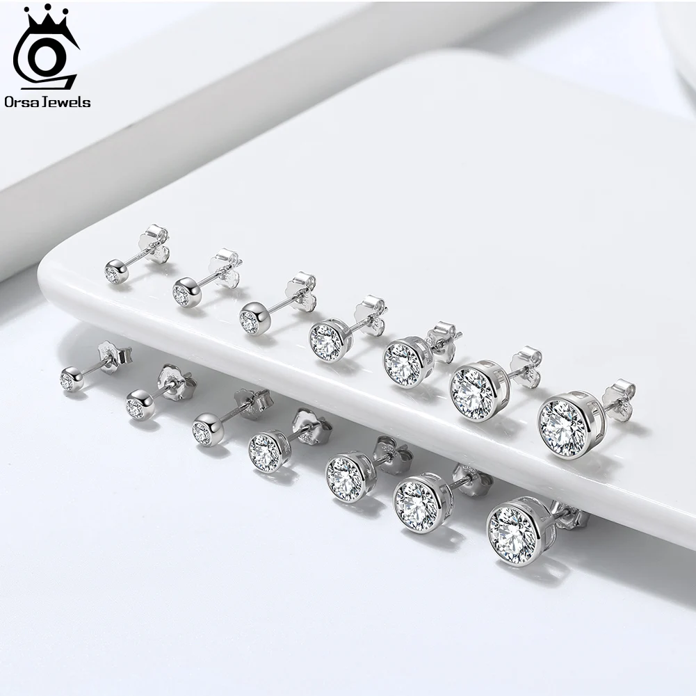 Фото ORSA JEWELS родий 2/3/4/5/6/7/8 мм из настоящего стерлингового серебра 925 пробы, мини-круглые серьги-гвоздики с цирконом, серьги-гвоздики с кристаллами для пирсинга ушей APE33 №2