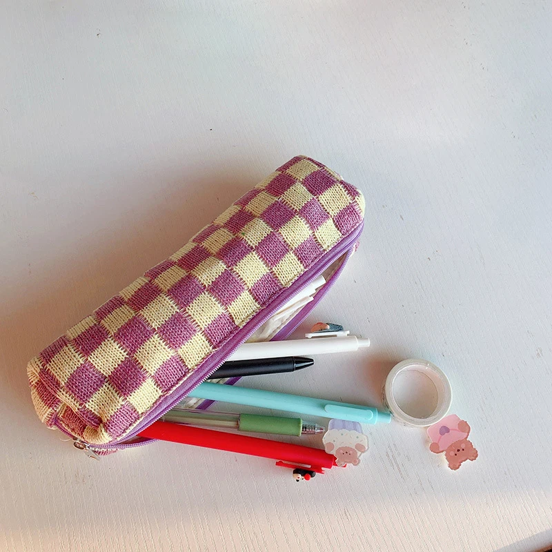 Students Fashion Checkerboard Lattice Custom Lined Pencil Bag Plaid Knitted Fabric Long Round Zipper Pouch