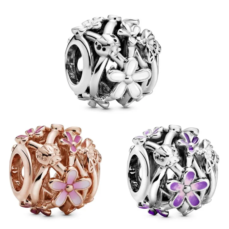 

Authentic 925 Sterling Silver Moments Purple Daisy Flower Bead Charm Fit Women Pandora Bracelet & Necklace DIY Jewelry