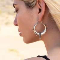 trendy silver color punk earrings for women antique silver metal sharp cone hip hop hoop earrings gypsy jewelry