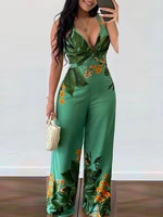 vacation fashion women sexy one piece summer oneise v neck tropical floral print twist design wide leg jumpsuit
