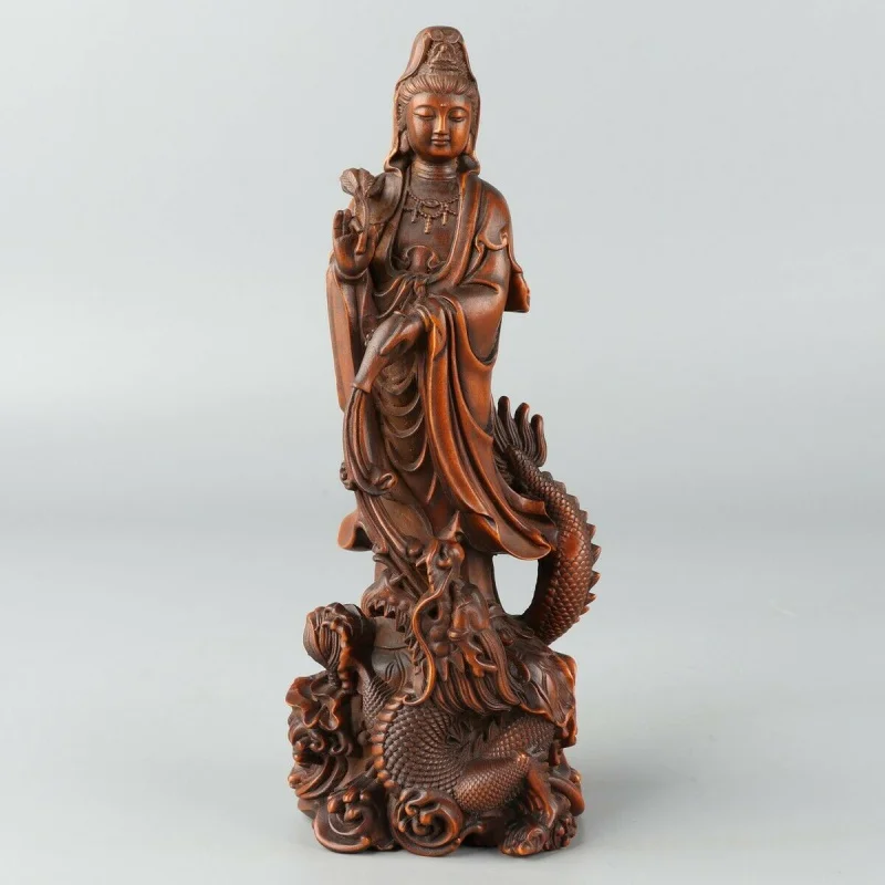 

Chinese Exquisite Hand Carved Guanyin Dragon Boxwood Statue