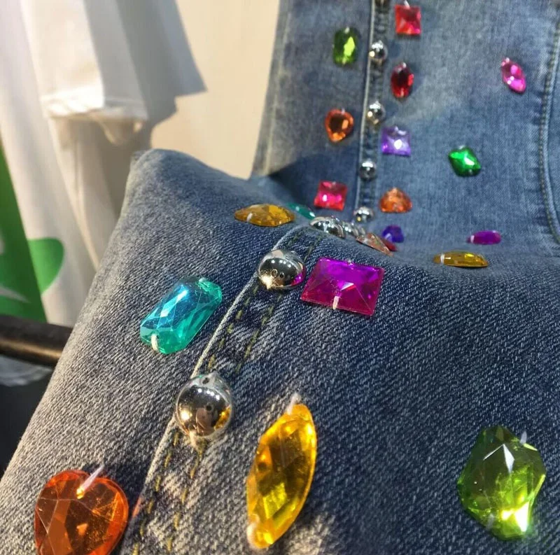 2023 Spring Summer New Exquisite Rhinestone Beaded High Waist Slim Skinny Blue Jeans Women's Slit Flare Jeans Black Jeans Female