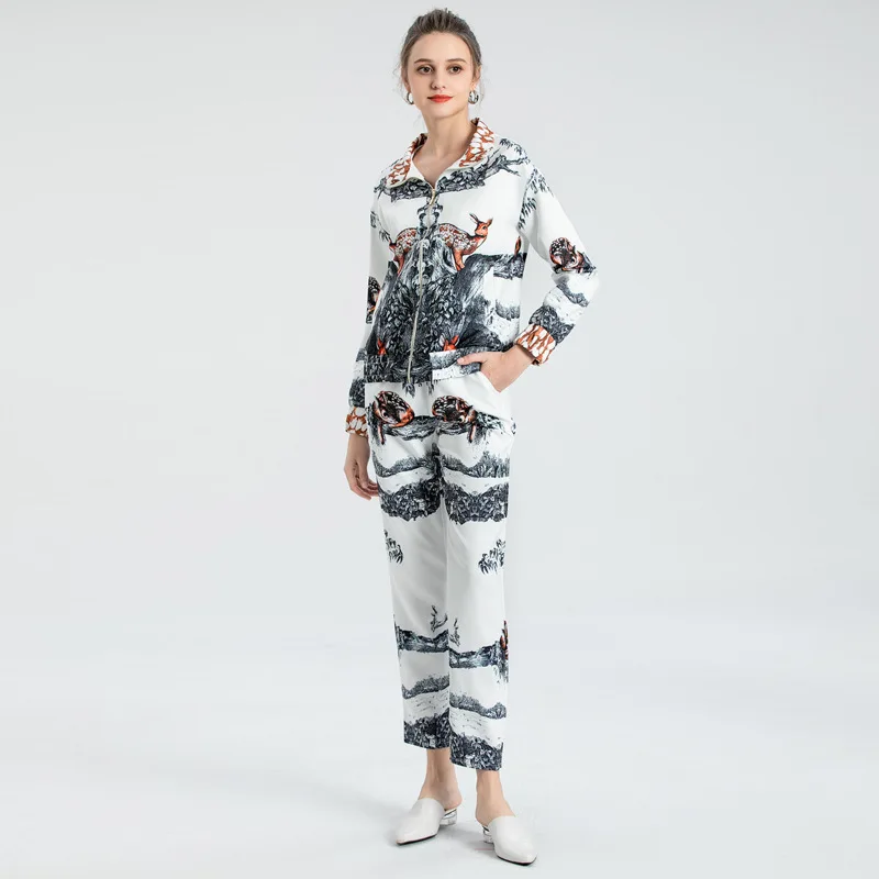2021 autumn new women's lapel long-sleeved ink print coat jacket + trousers casual two-piece suit