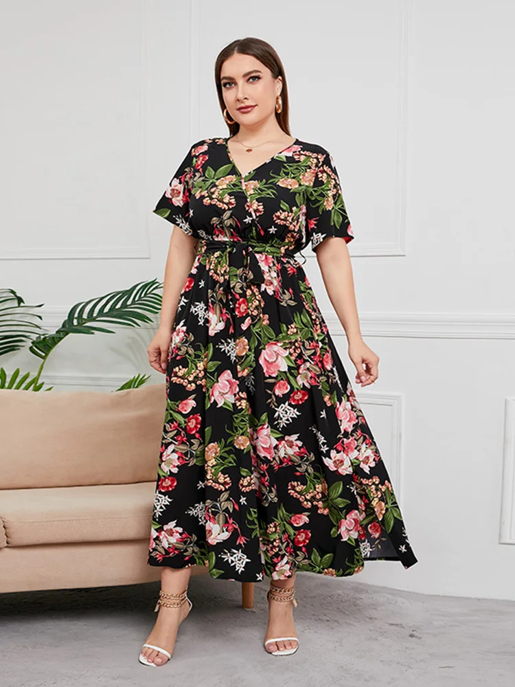 

TOLEEN Plus Size Women Maxi Dresses 2023 New Summer Casual Chic Elegant Short Sleeve Floral Print Turkish Evening Party Clothing