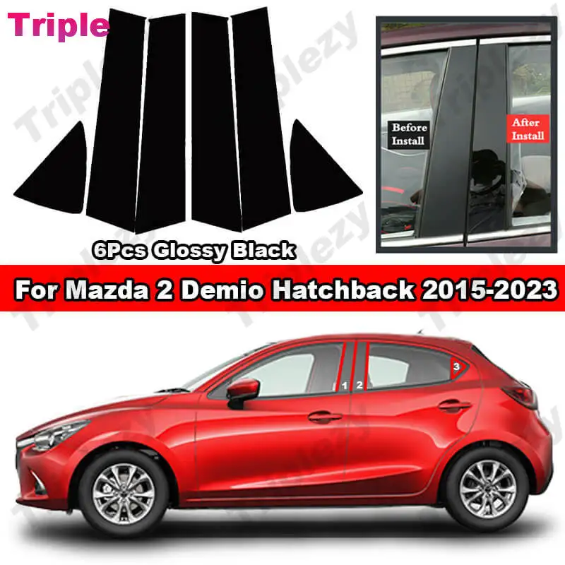 

Для Mazda 2 Demio Hatchback 2015-2023 6 шт. глянцевая фортепианная черная автомобильная стойка BC накладка накладка из углеродного волокна материал ПК наклейка