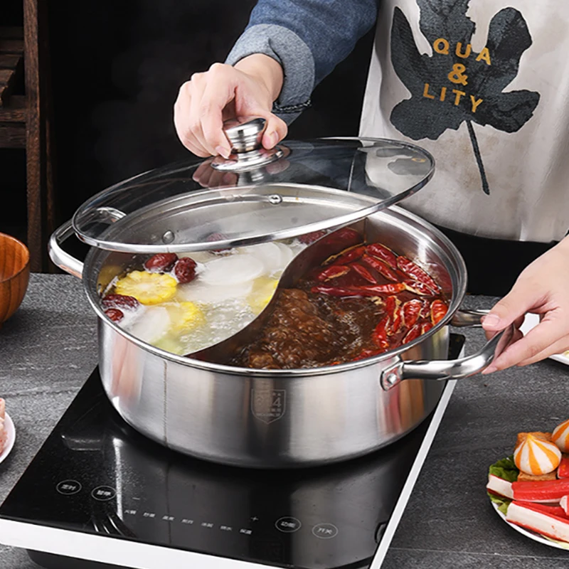 

Stainless Steel Hot Pot With Cover Induction Cooker Hotpot Pan Chinese Fondue Soup Pot Home Cookware Cooking Pan For Kitchen