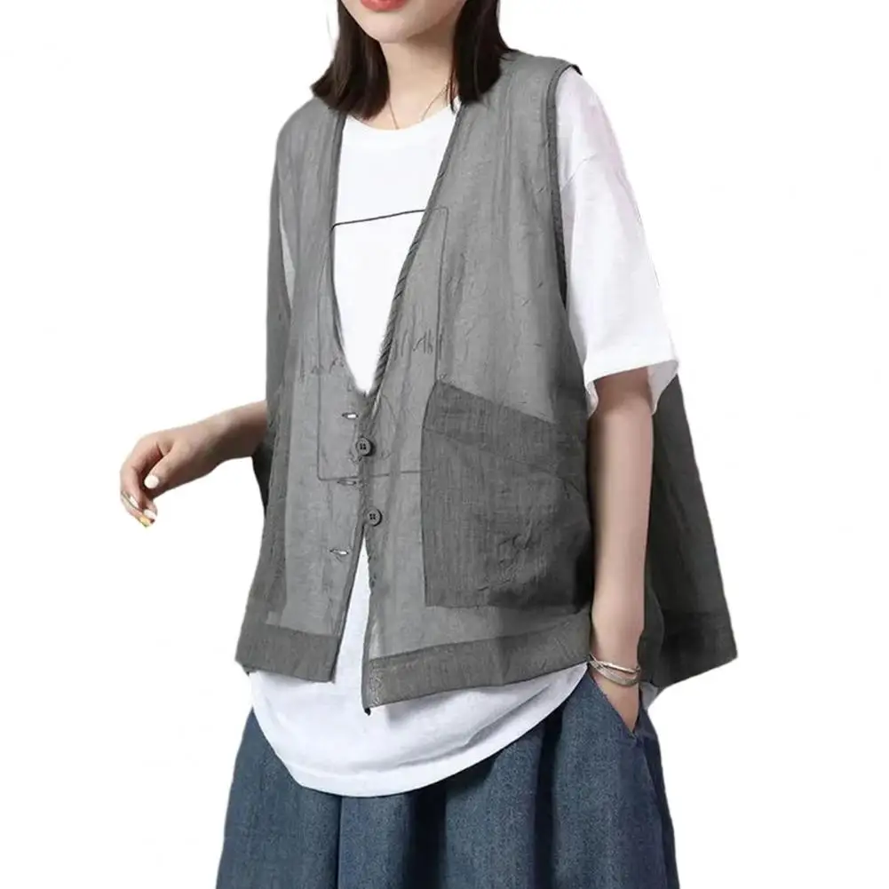 Халко без рукавов для женщин кардиган fino прозрачный cuello en V suelto bolsillos de parche большие