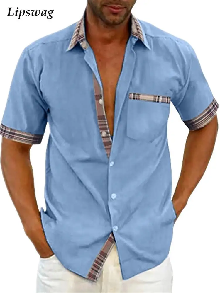 

Vintage Striped Printed Patchwork Shirts Short Sleeve Men Casual Cardigan Tops 2022 Summer Mens Button-up Turn-down Collar Shirt