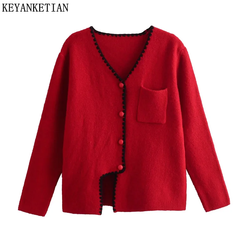 

Женский трикотажный кардиган KEYANKETIAN, однобортный короткий свитер с мягкой текстурой и V-образным вырезом, Осень-зима
