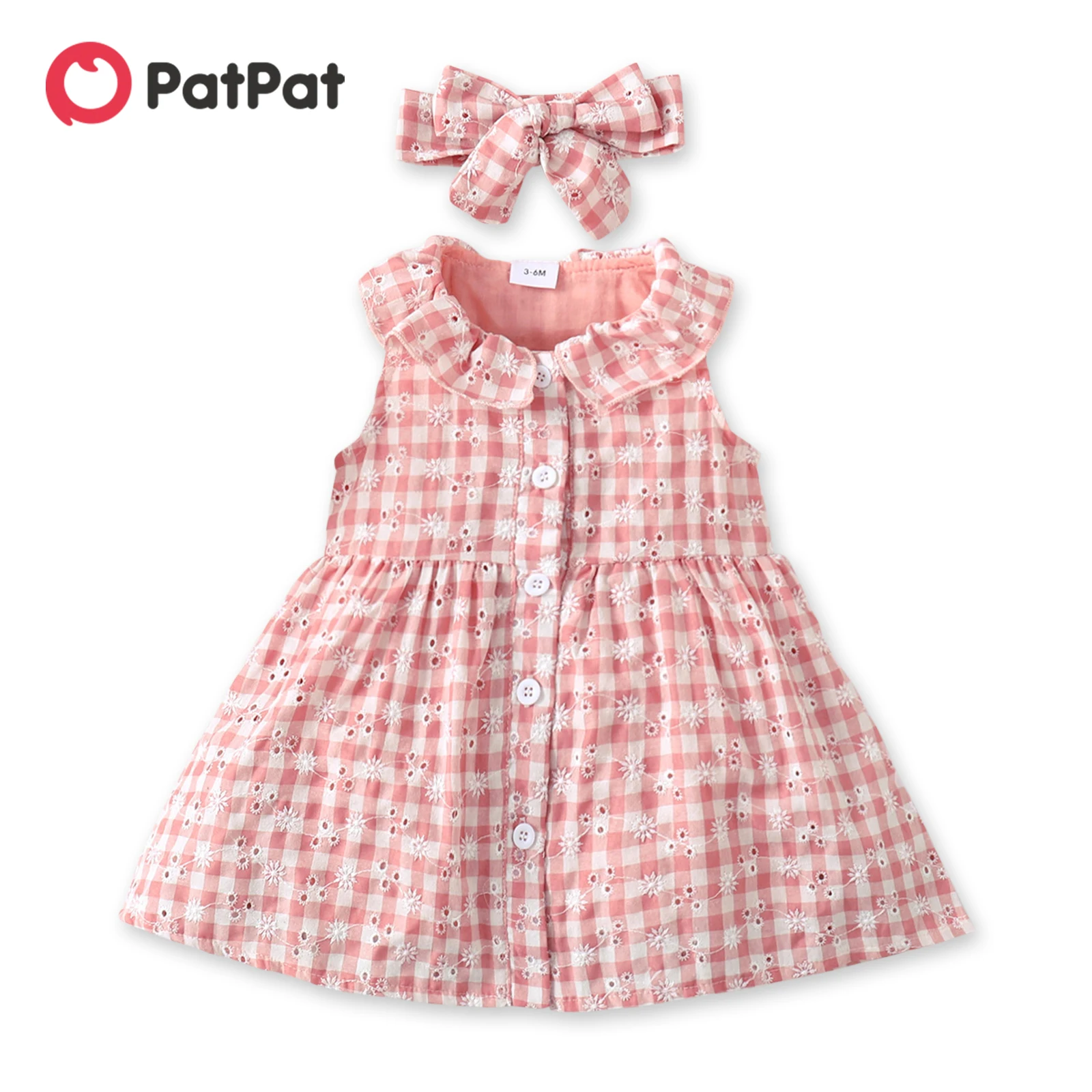 

PatPat 2pcs Baby Girl Floral Embroidered Pink Plaid Ruffle Sleeveless Tank Dress with Headband Set