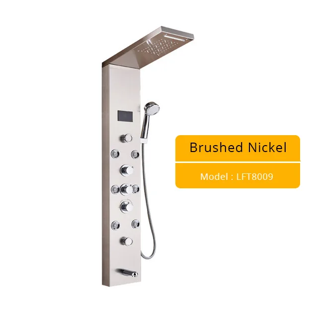 

LED Shower Column Faucet Brushed Nickel SPA Massage Jet Shower Panel Tower Tap Digital Temperature Screen Bathroom Faucet