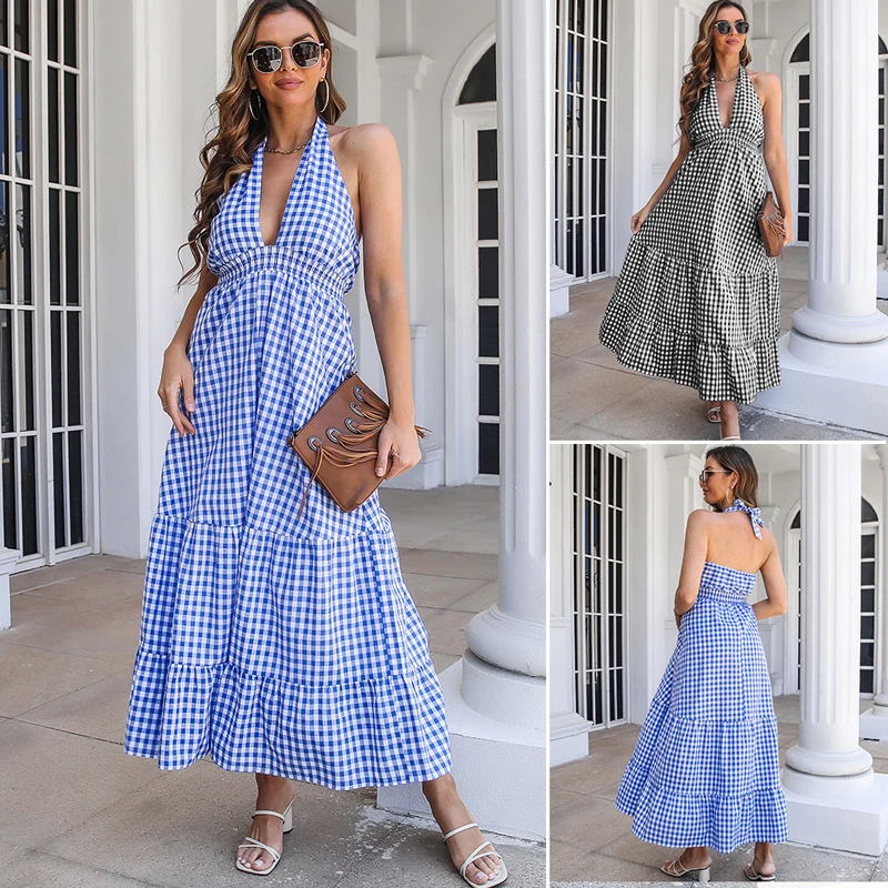 

Пляжная одежда 2022, женский сарафан, модное платье, летнее платье, клетчатый воротник, богемный стиль, для игр, с высокой талией, большой маятник, полиэстер