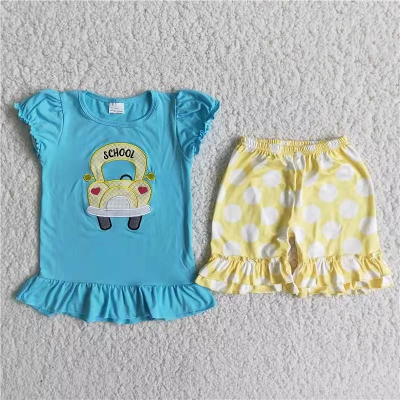

wholesale children clothing summer baby girl clothes set blue short sleeve car print top and yellow polka dots shorts outfit