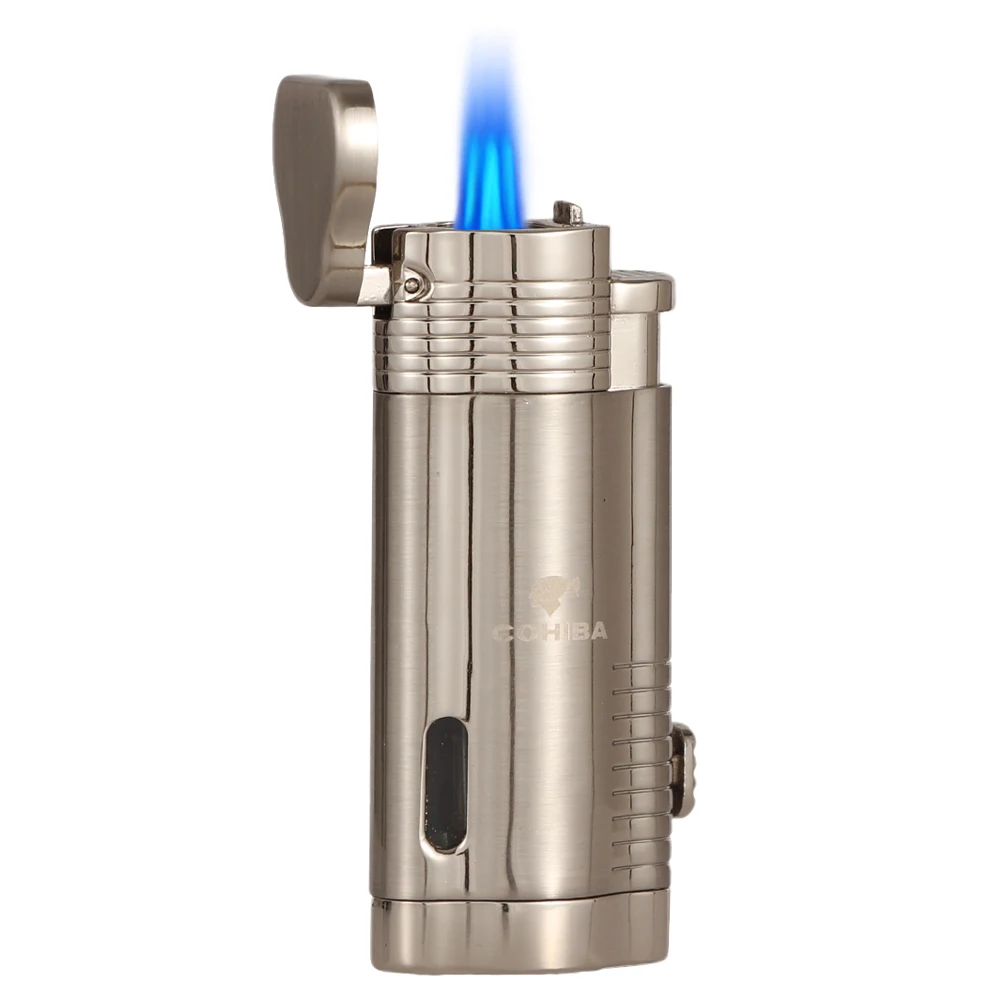 

Металлическая зажигалка для сигар COHIBA, ветрозащитная портативная Зажигалка для сигарет, 3 фонарь, струйный Синий Пламя с дыроколом для сигар, подарочная коробка