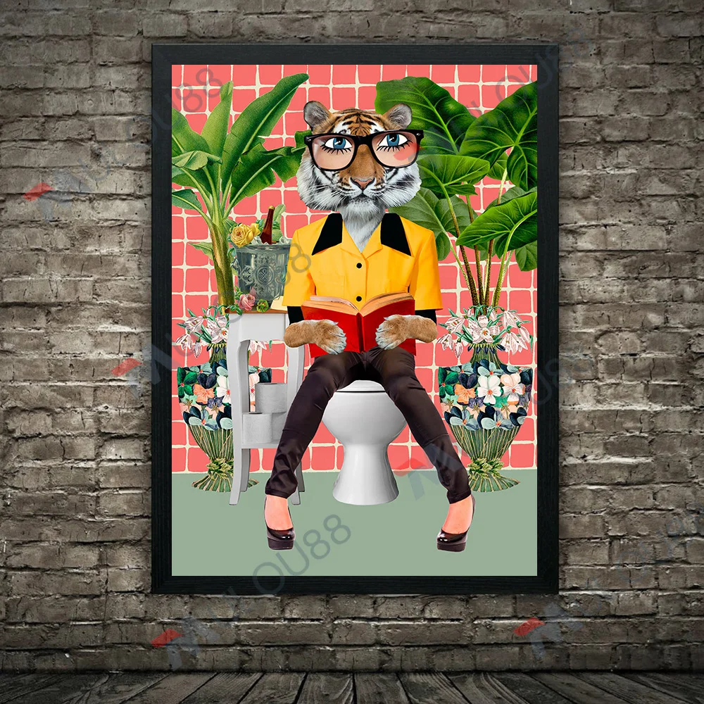 Настенный холст с изображением черной кошки и Тигра для ванной комнаты Забавный