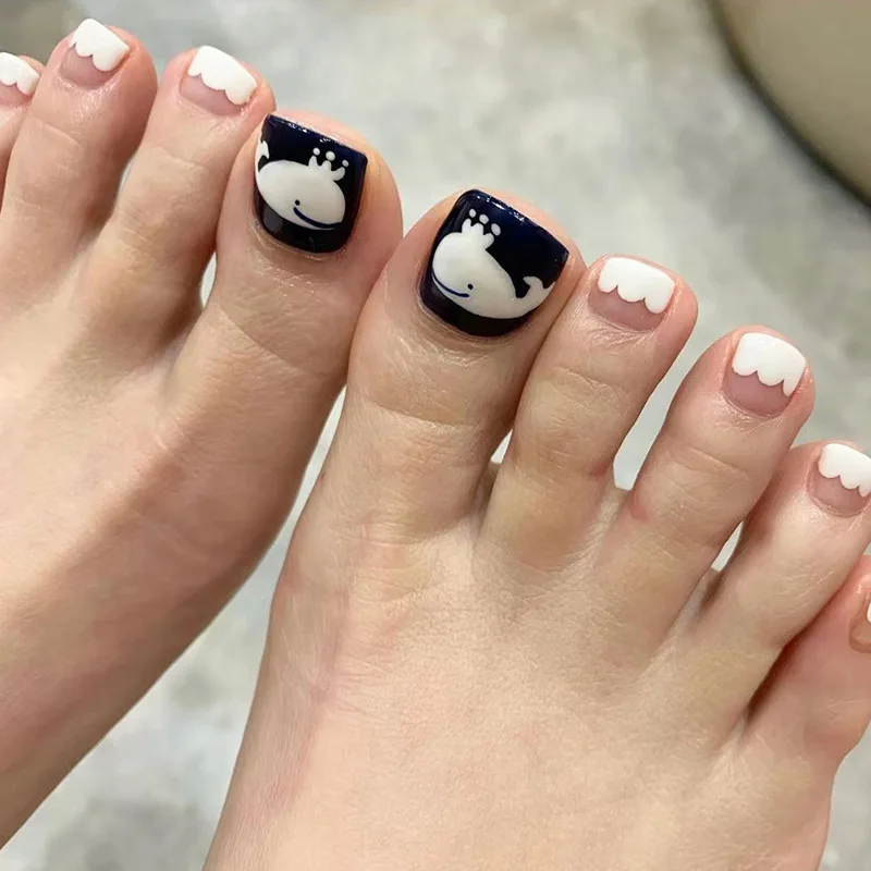 

24pcs/set Toe Nails Art Patch White Whale Gradient Fake Nail Finished Removable Nail Pieces Women’s French Foot False Nails