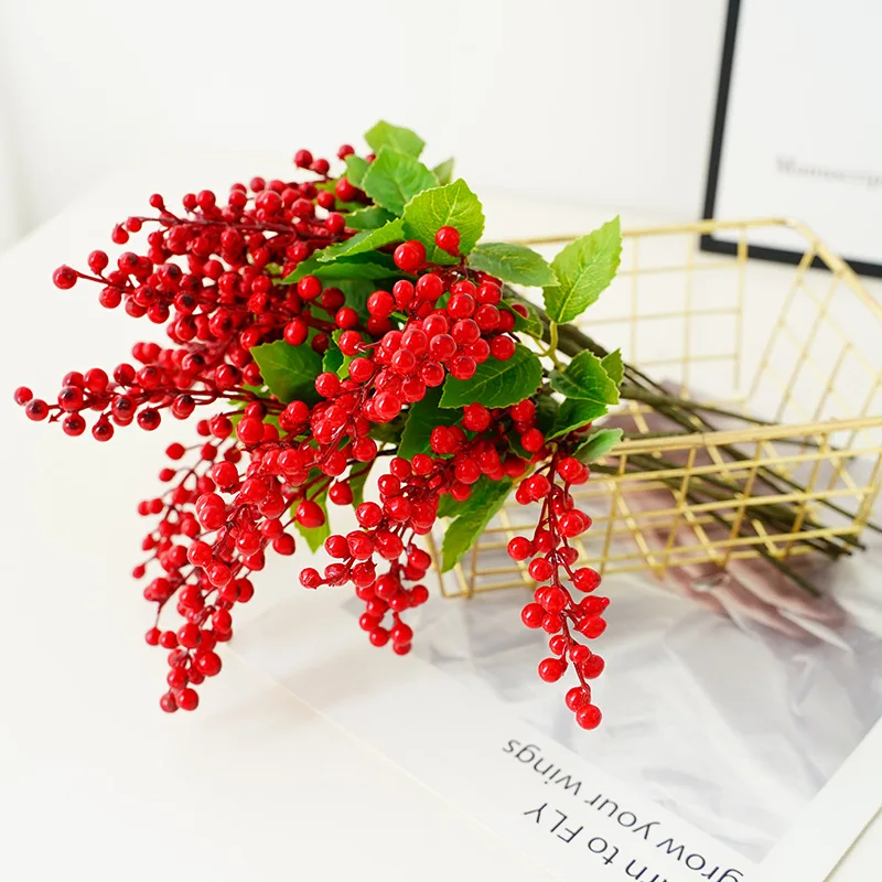 

Living Room Decorations Red Berry Flower Branch Christmas Home Accessories Plant Pots Decorative Foam Ball Stem Fake Flower
