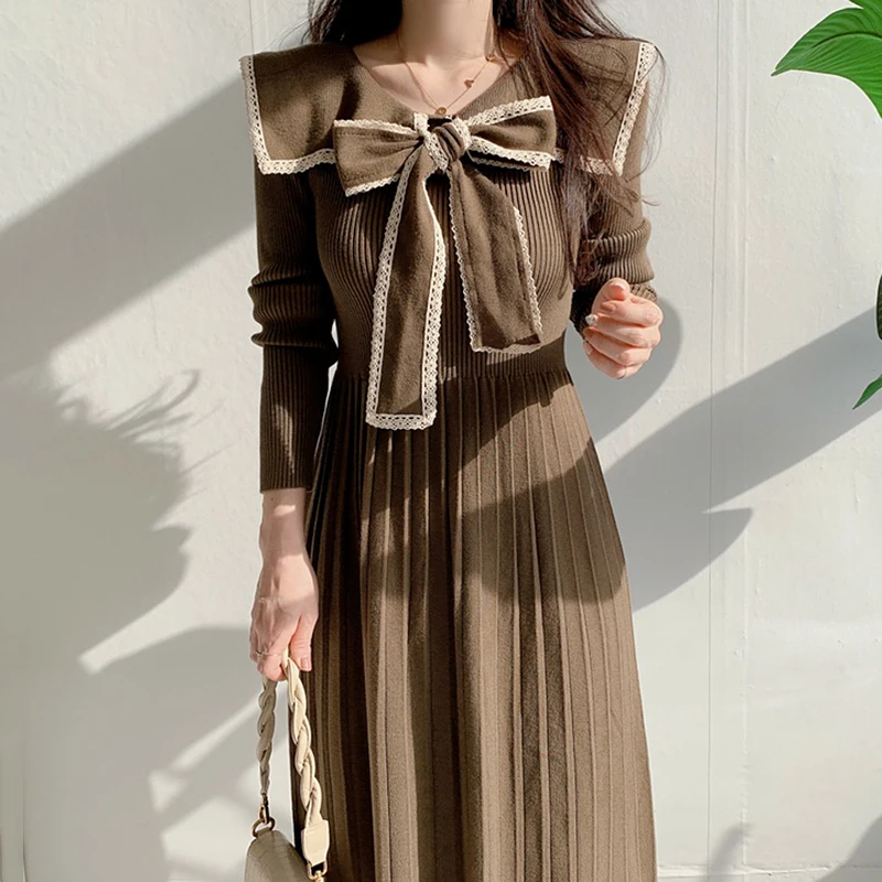 

Women Sweet Long Dress Japanese Korean Y2k Temperament Bow Knitted 2022 Autumn Winter Fashion Female A-line Vestidos