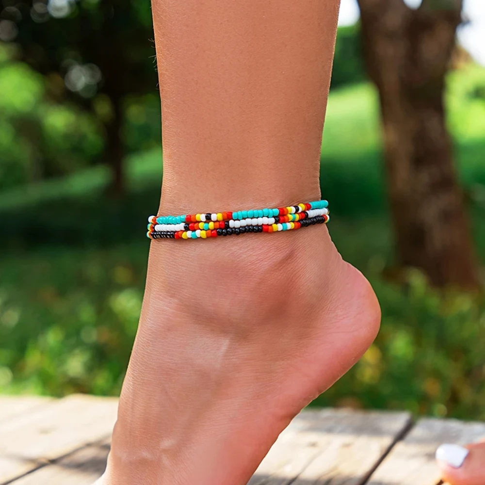 

IngeSight.Z 3pcs/set Boho Colorful Rice Beaded Anklets Women Summer Beach Handmade Elastic Bracelet On The Leg Foot Jewelry
