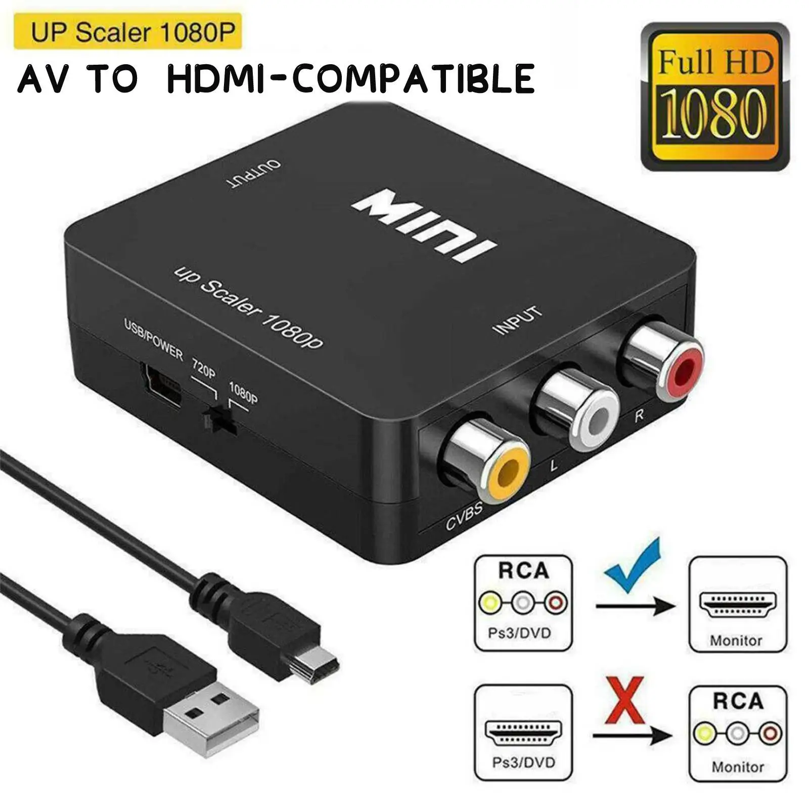 

1080P HDMI-compatible to AV Scaler Adapter Video Composite Converter HDMI-compatible to RCA CVSB L/R Video Mini HD2AV