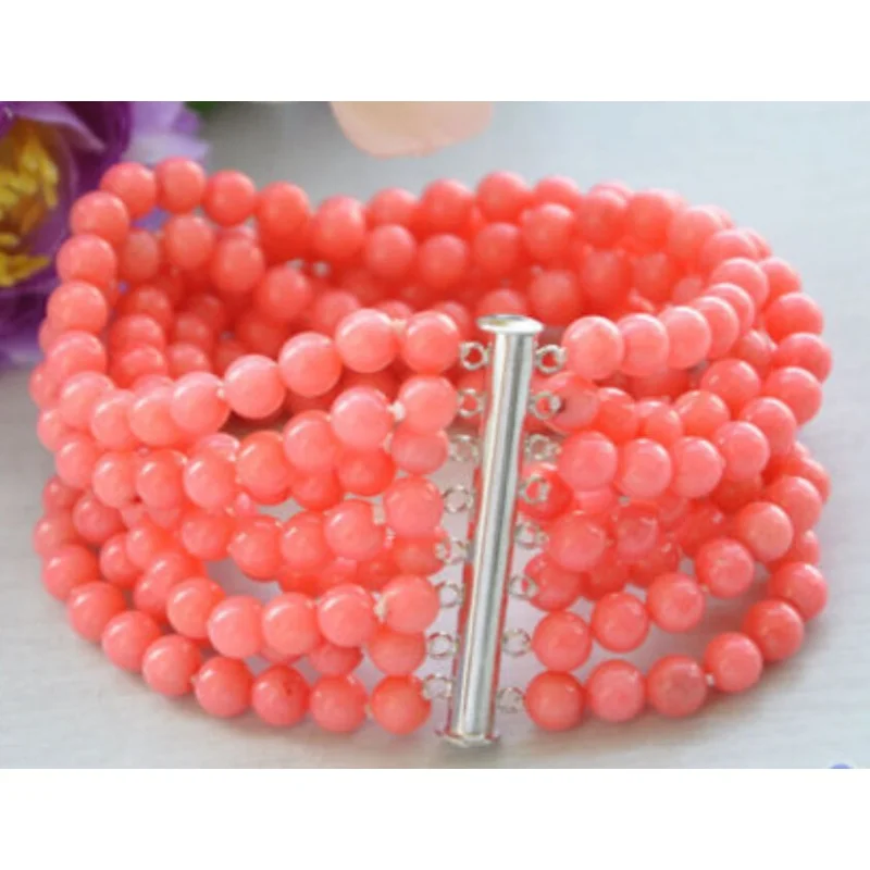 

Real 8row 8"; 5MM round pink coral bead bracelet magnet AAAA