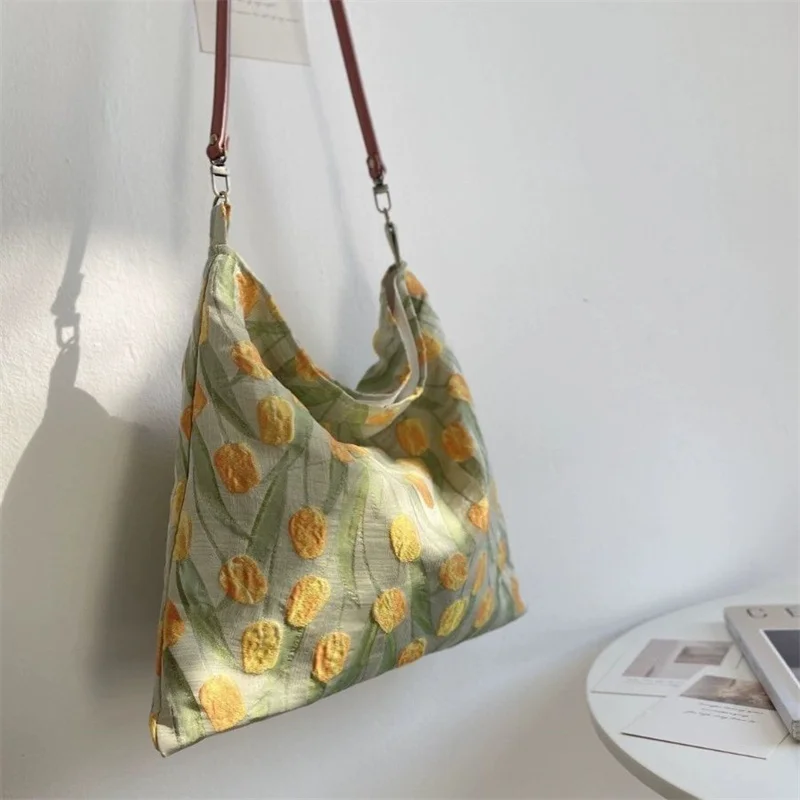 

Quality Fashion Floral Tote Bags Mesh Handbag Canvas Shoulder Bag Women's Tulip Flower Embroidery Handbag Large Capacity Shopper