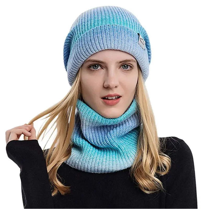 

Winter Beanie Hats Scarf Set Warm Knit Hats Gradient Tie-dyed Baggy Skull Cap Neck Warmer Knitting SDEWA1