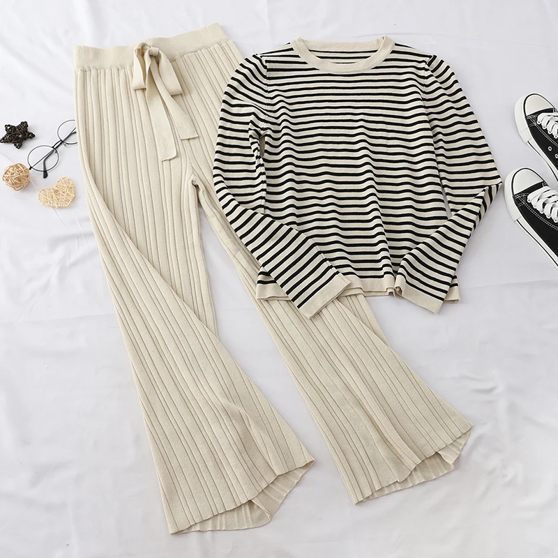

Runway Striped Pullover Long Sleeve T-Shirt Top + High Waist Lace Up Wide Leg Casual Pants Knitted Two Pieces Set For Women