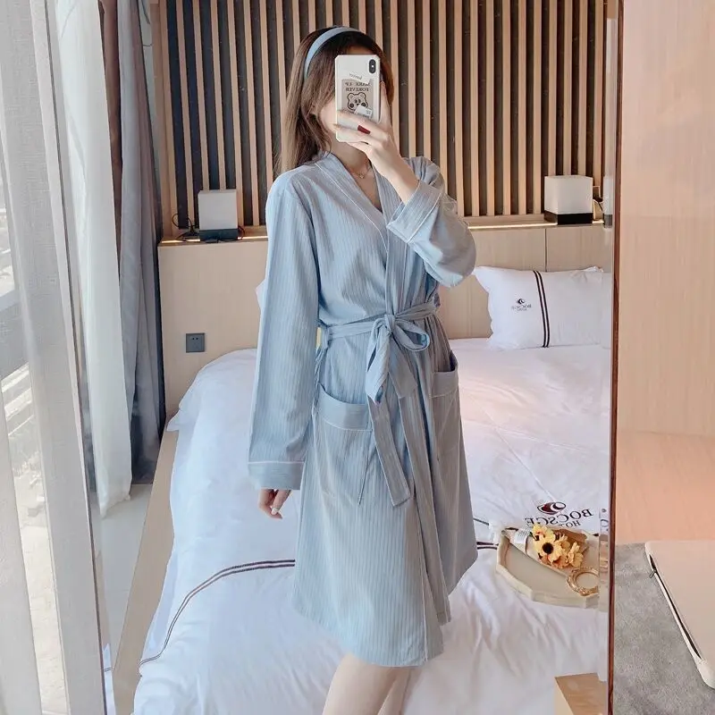Pajamas Women's Spring and Autumn Pure Cotton Long-sleeved Bathrobe Sweet Casual Simple Nightgown Can Wear Home Clothes