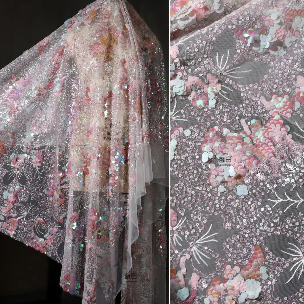 

Розовый Кристалл Блестки сетка Марля красивый сказочный стиль вышивка платье свадебный фон дизайнерская ткань для пэчворка