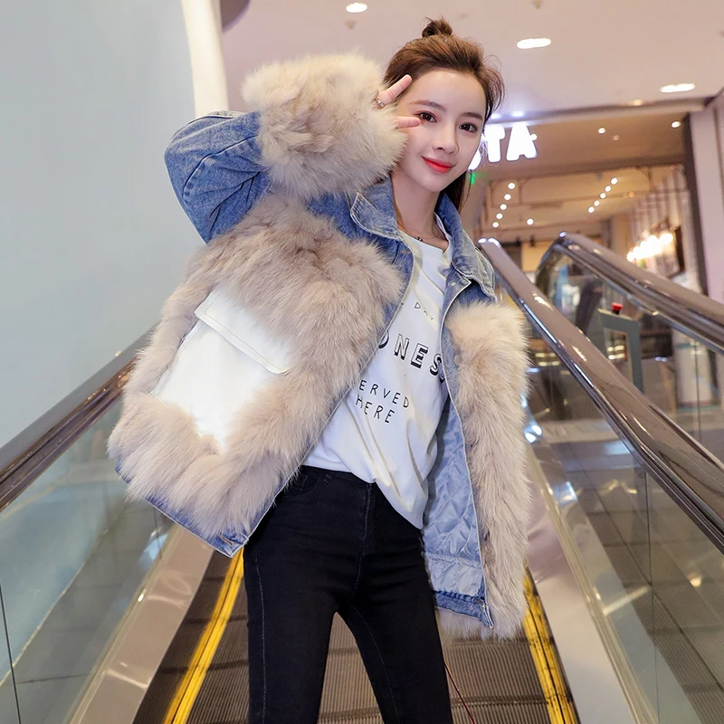 Women  Velvet Thickening Long Sleeve Coats Fall Korean Style Female Loose Imitation Fur Turf Pocket Stitching Denim Jackets