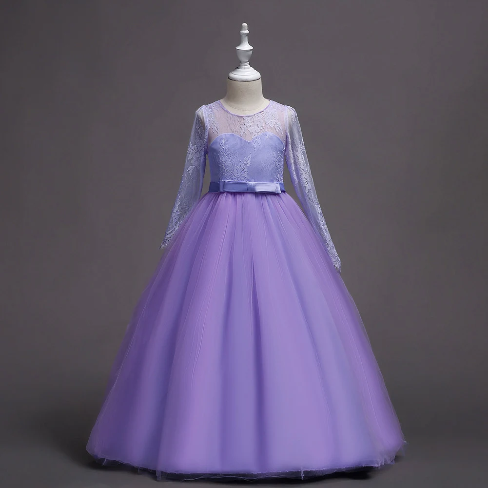 

Vintage Girl Solid Splicing Party Princess Dress Wedding Transparent O-Neck Lace Kid's Clothing Maxi Dress