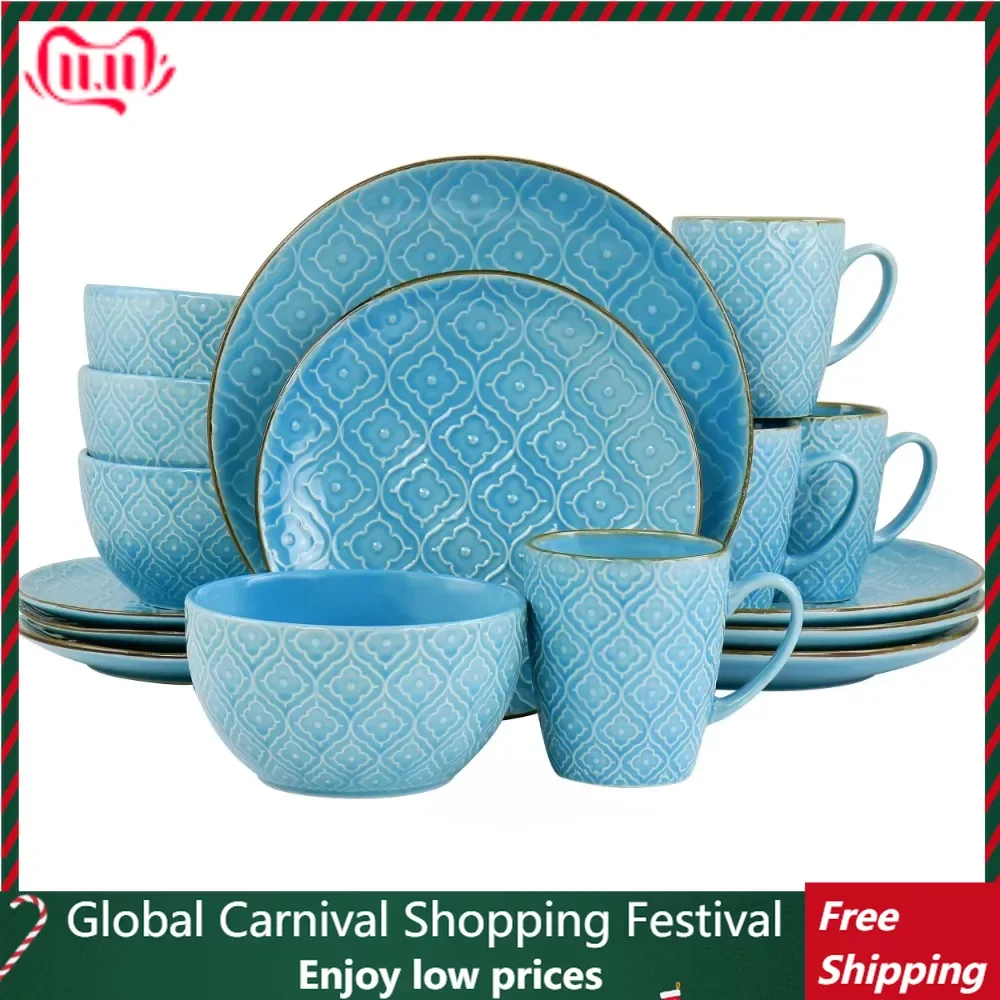 

Utensils for Kitchen Accessories Aqualite 16 Piece Embossed Stoneware Dinnerware Set in Teal Bowl Free Shipping Tableware Plates