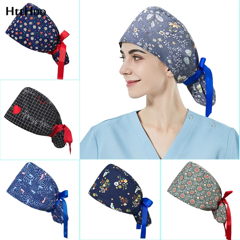 

Матовая шапка унисекс, регулируемая эластичная шапка из хлопка с принтом и потеющей лентой, разноцветные медицинские аксессуары для работы...