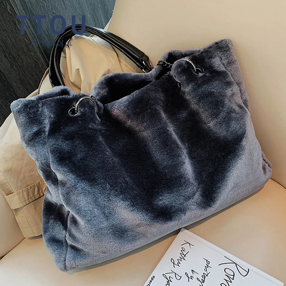

Faux Fur Women Shoulder Bag Casual Plush Lady Tote Handbag Chain Larger Capacity Shopping Bag Travel Purse Female Winter