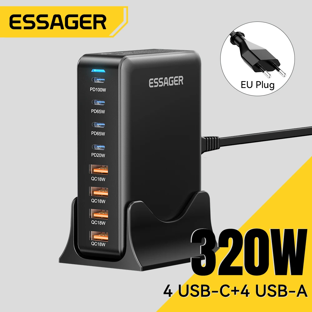 Essager 320 Вт Настольное зарядное устройство GaN 8 портов USB Type C PD3.1 Зарядное 100 PPS