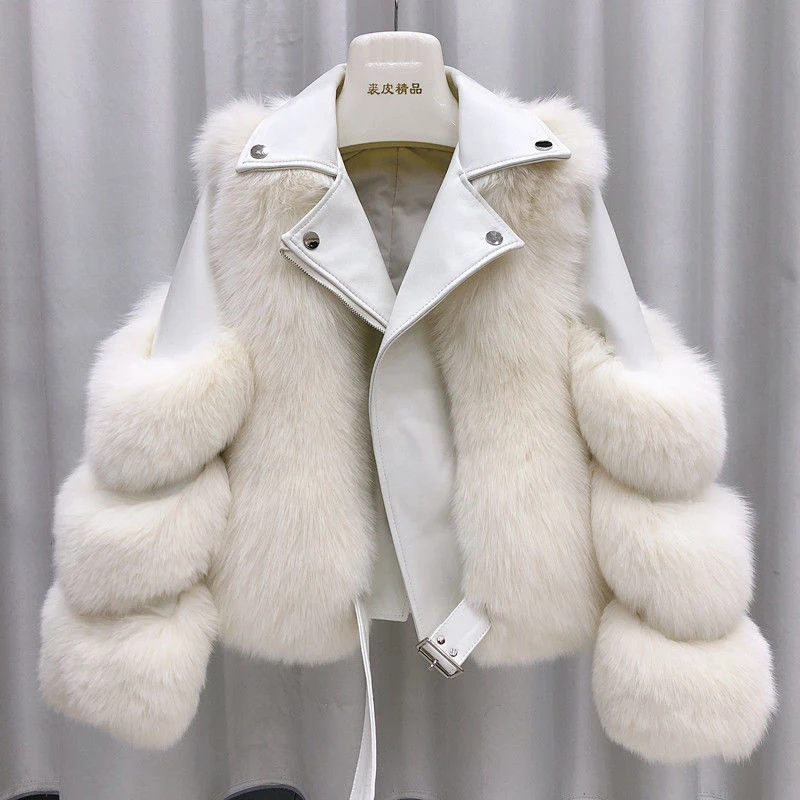 

2020 Winter New Faux Fox Fur Coat Women's Motorcycle Thicken Faux Leather Fur Coat Female Fur Lining Leather Jacket