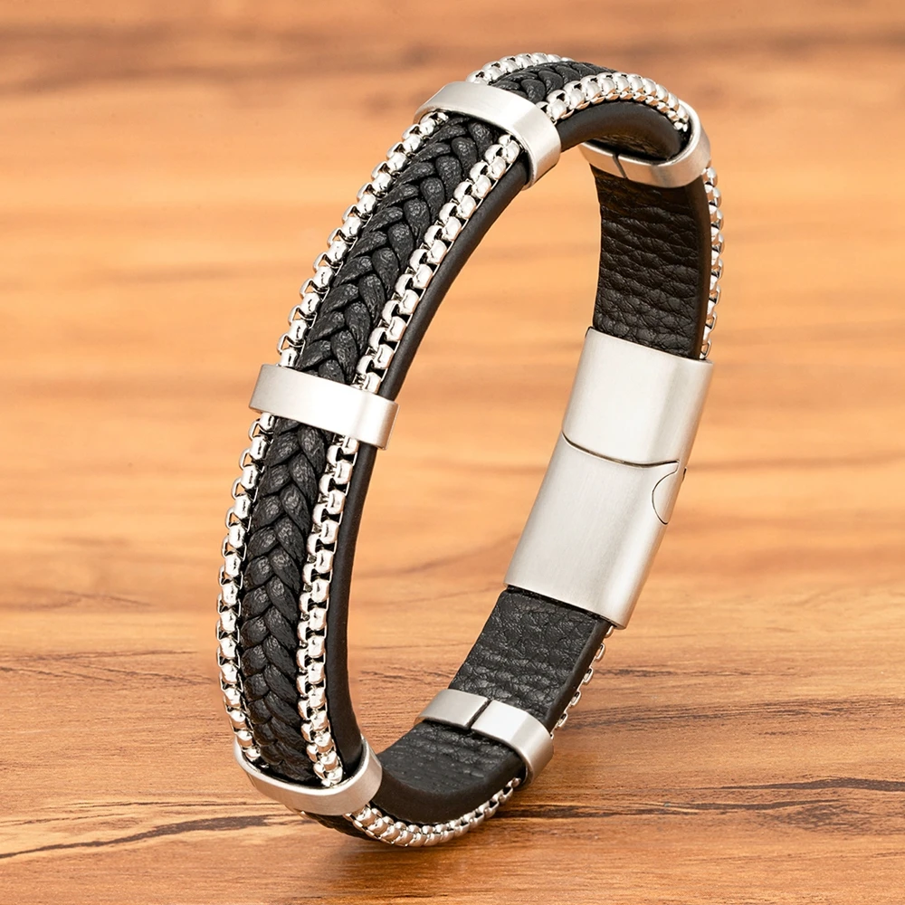 Fashion Chain Stainless Steel Men Leather Bracelet for Friend Birthday New Year Gift Bangles Charm Jewelry Accessories Wholesale