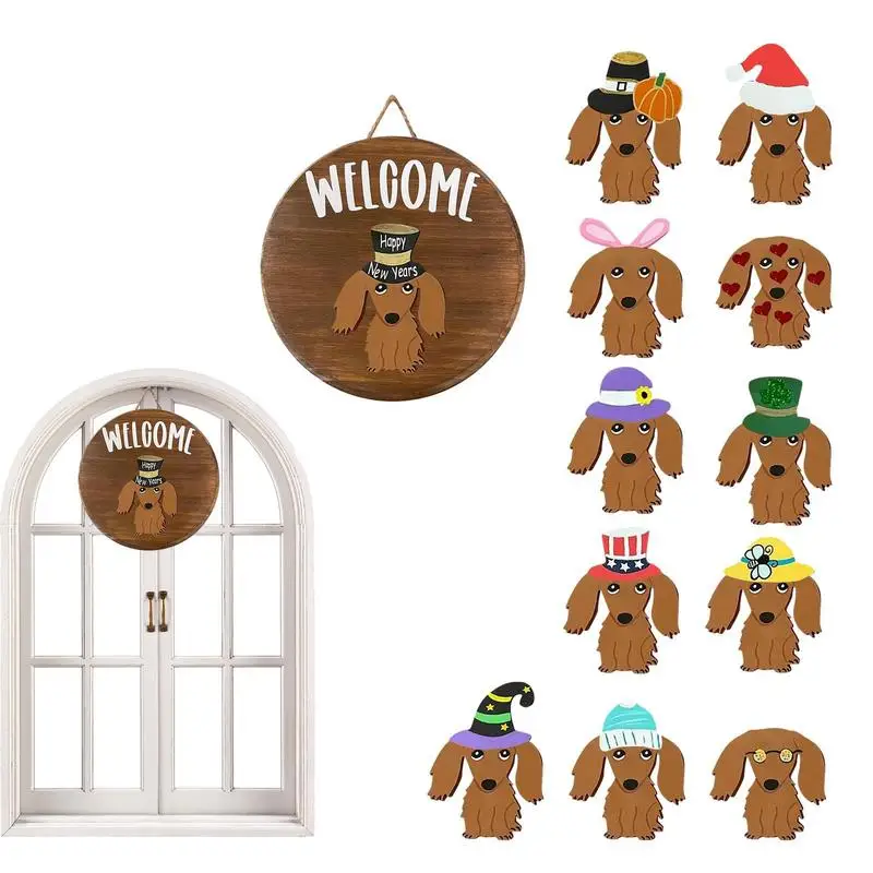 

Cute Dachshund Dog Welcome Sign For Front Door Seasonal Sausage Dog Wood Welcome Wreath House Warming Gifts