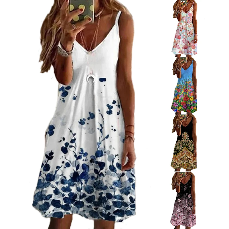 

Summer Clothes for Women Casua Sleeveless Boho Dress Slim Butterfly Floral Dress Printing Suspenders Off the Shoulder Sexy Dress