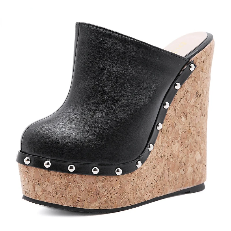 

New Ultra High Heel Cork Wedge Mules Sexy Rivets Platform Shoes For Party Nightclub 2022 New Spring Summer Plus Size 42