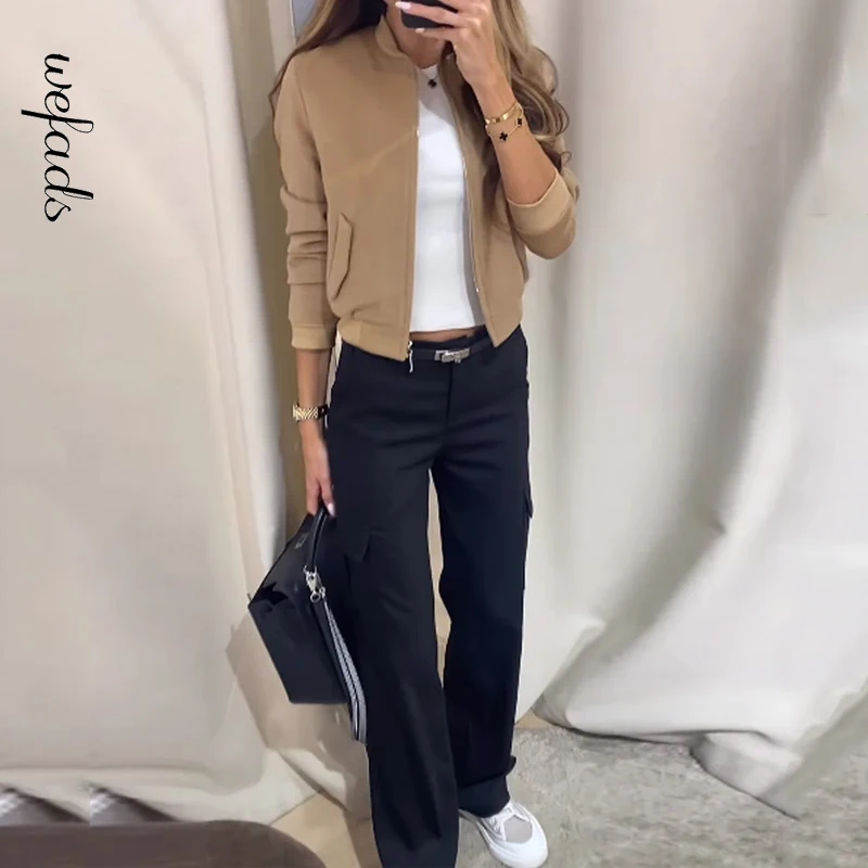 

Wefads Women Two Piece Set Autumn Casual Solid Zipper Lapel Long Sleeve Nipped Waist Jacket Top Loose Cargo Pants Sets With Belt