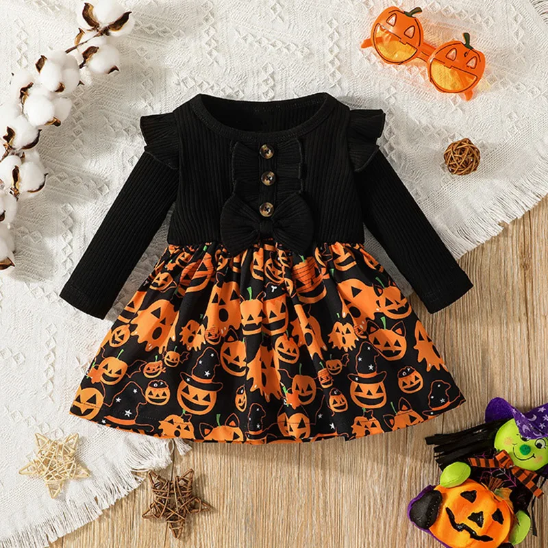 

Зимнее платье для девочек 2022, милое черное платье с длинным рукавом и круглым вырезом в стиле Хэллоуин, милая детская юбка 0-24 м