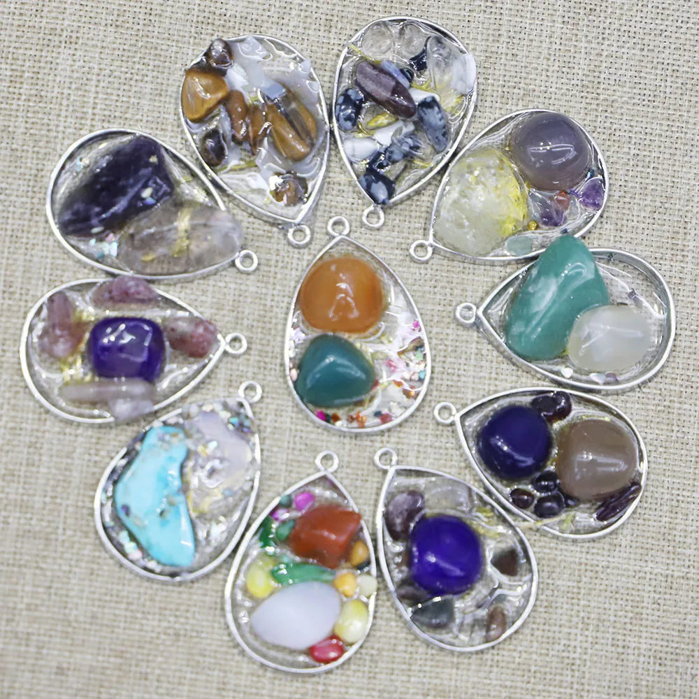 

Natural Crushed Stone Resin Water Drop Multicolor Pendants Necklace Reiki Charms DIY Fashion Jewelry Accessories Wholesale 10Pcs
